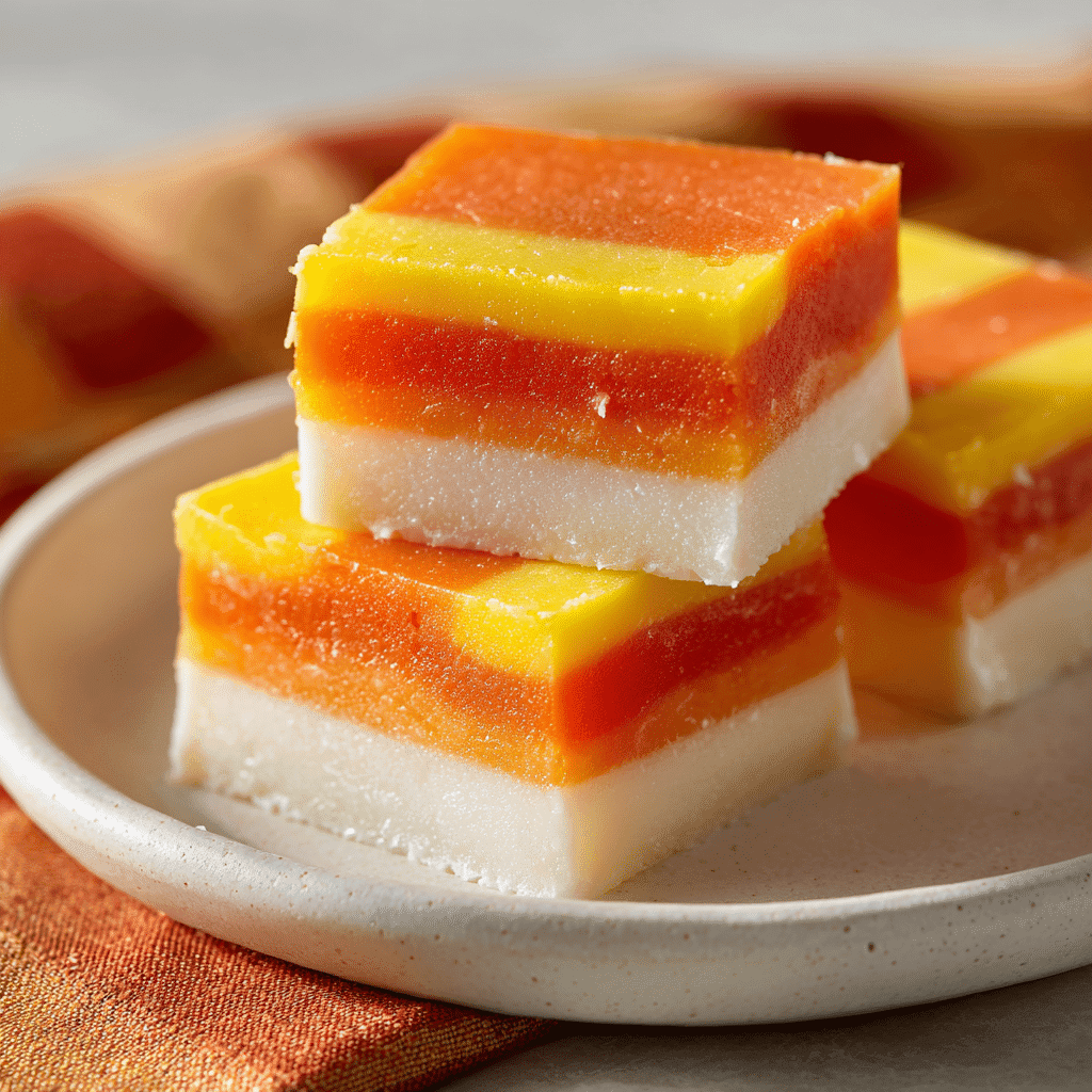 Candy Corn Fudge Squares stacked on a plate with vibrant fall colors