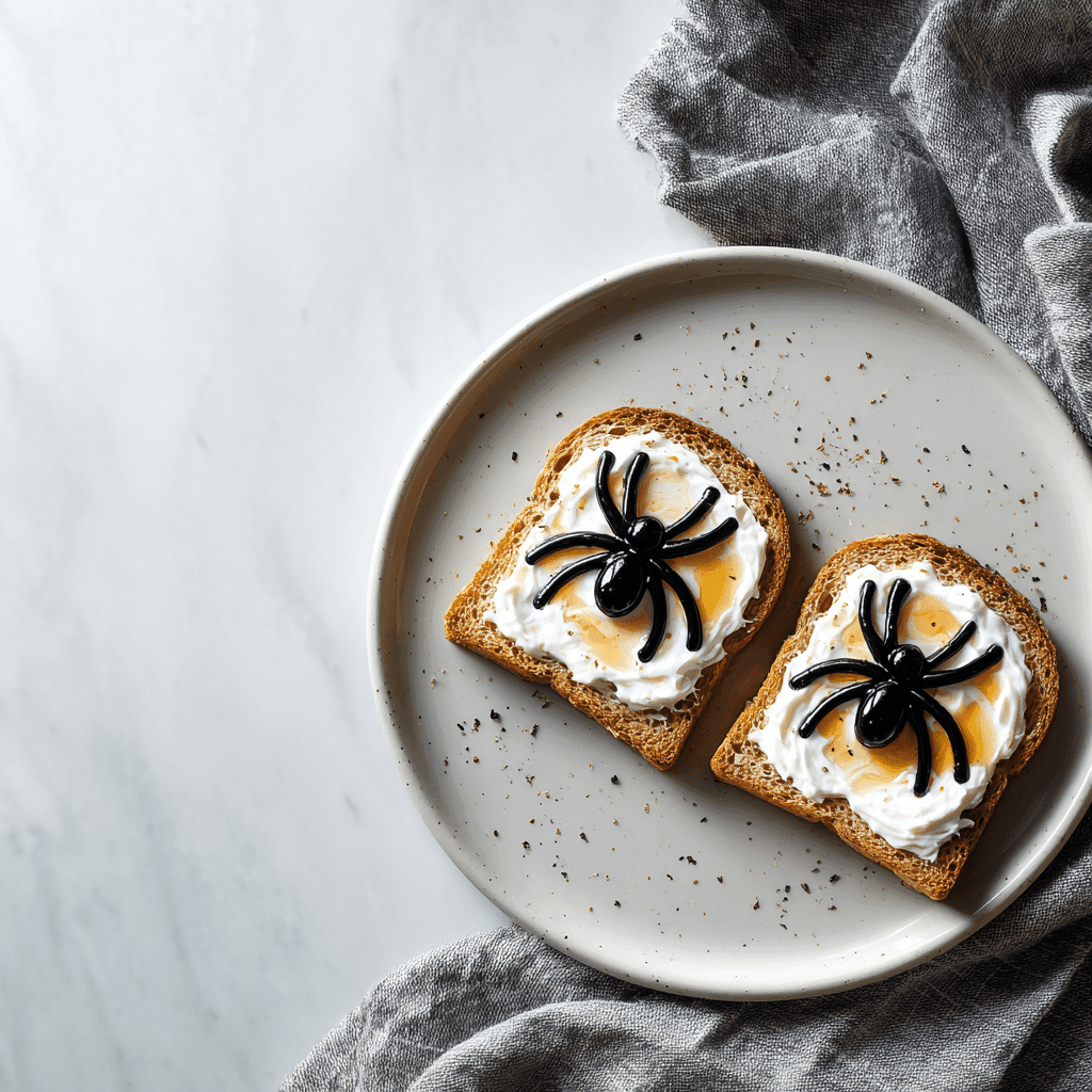 plated spooky toast with yogurt spiderwebs