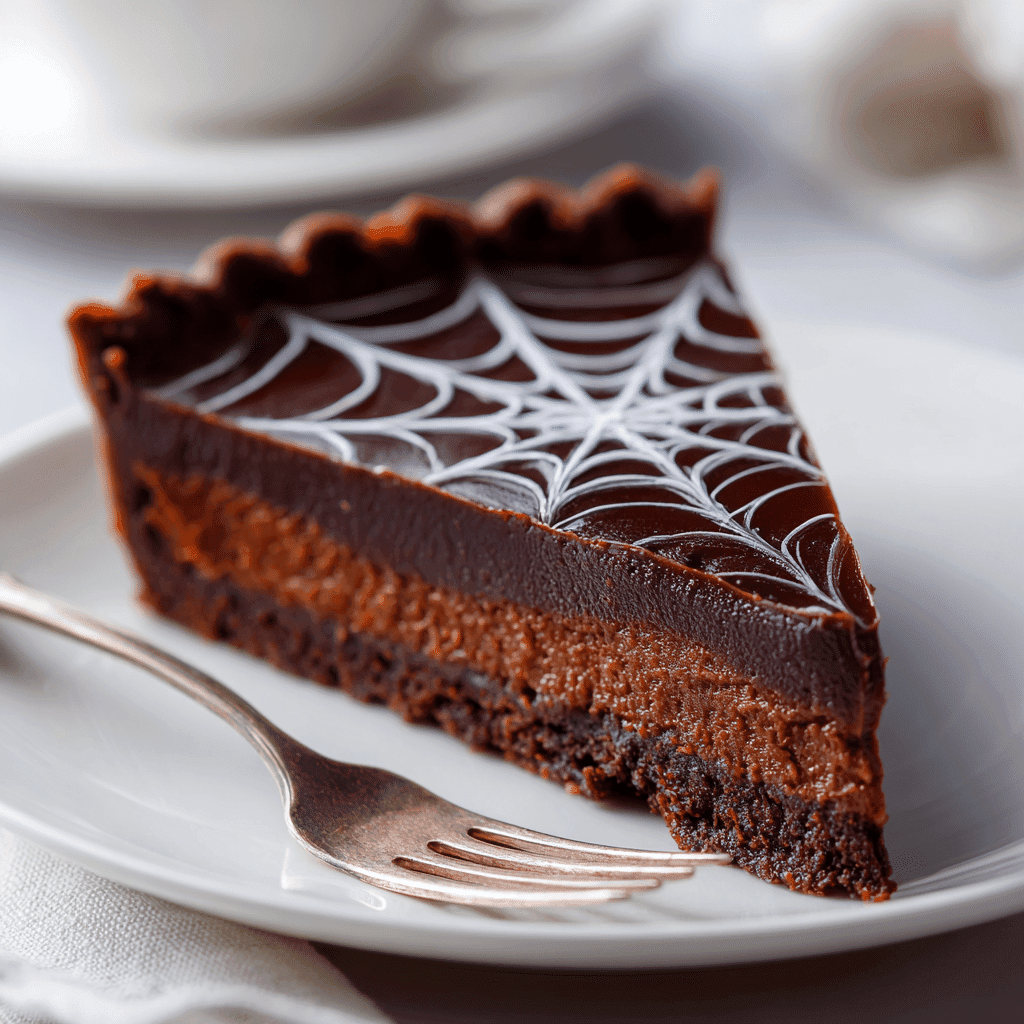 Slice of Spiderweb Chocolate Tart served on white plate