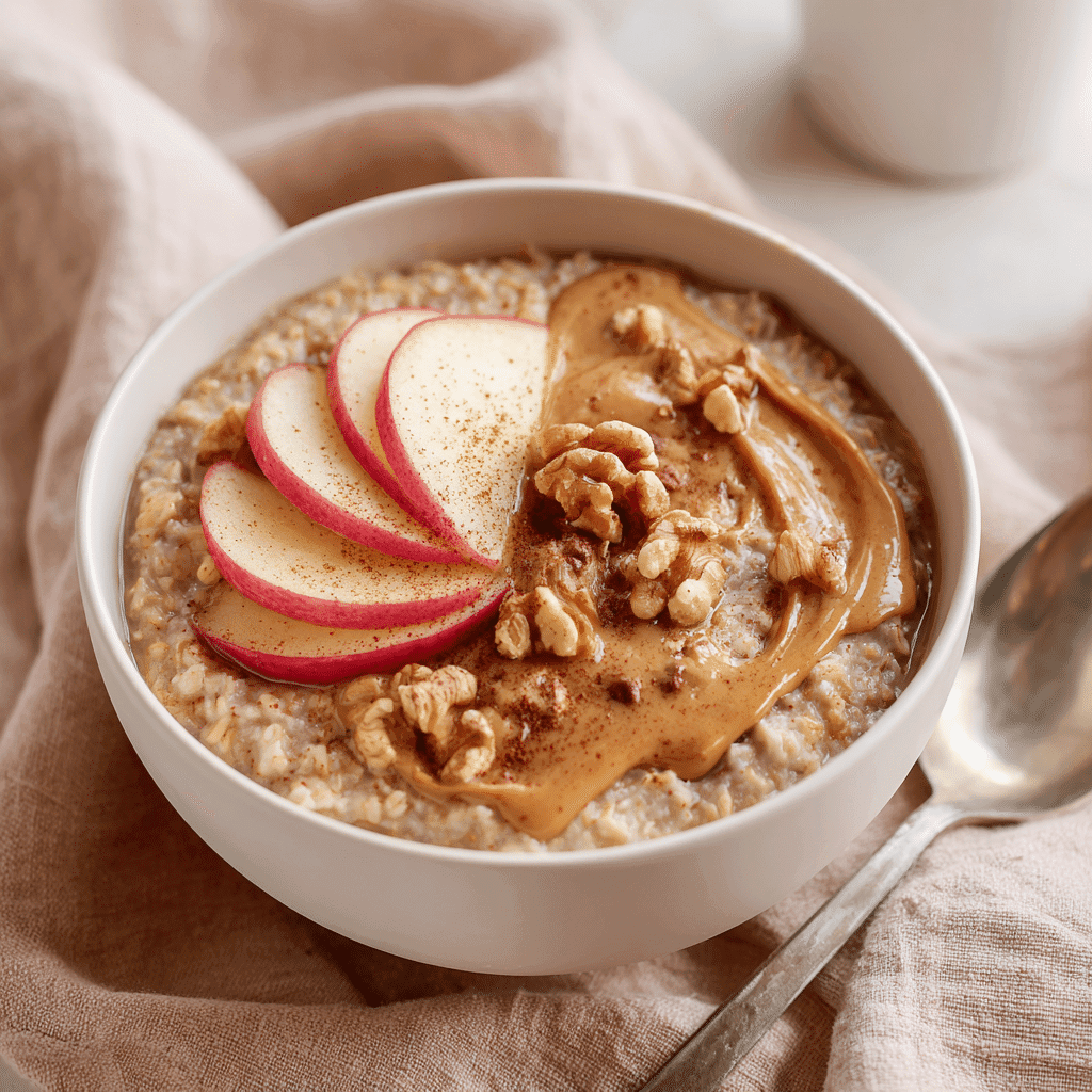 Served apple cinnamon oatmeal bowl with toppings