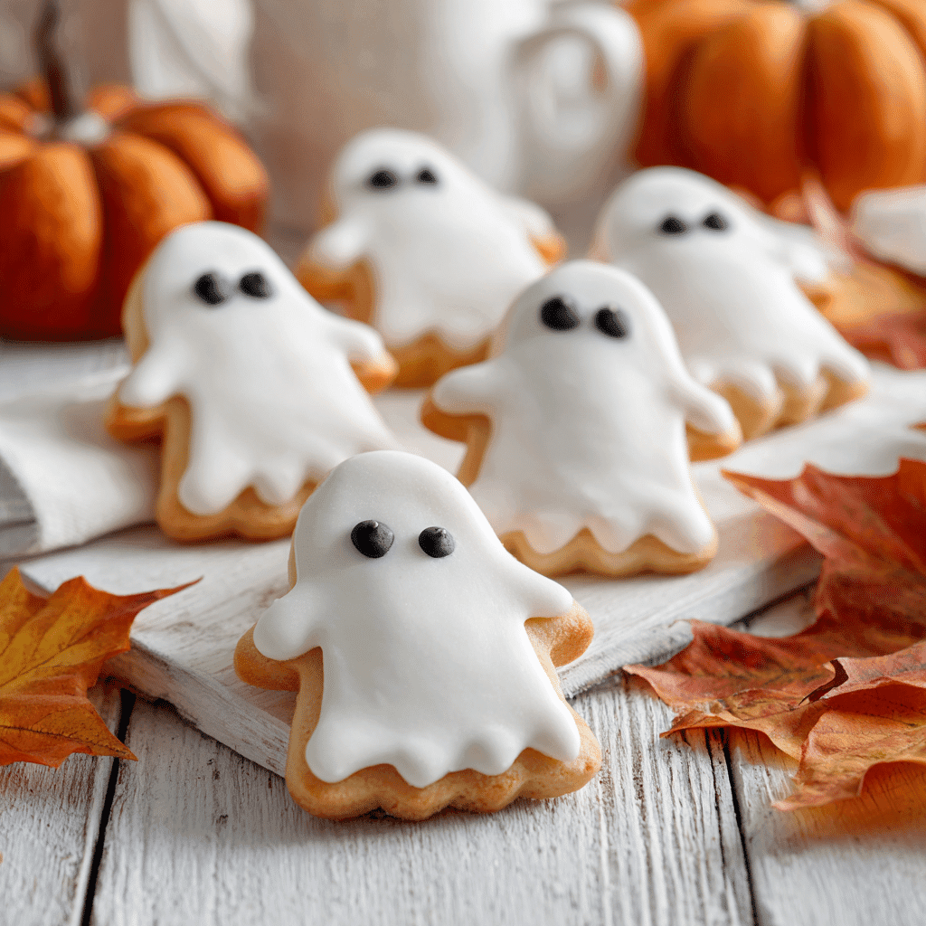 Ghost sugar cookies with royal icing on a rustic fall-themed table