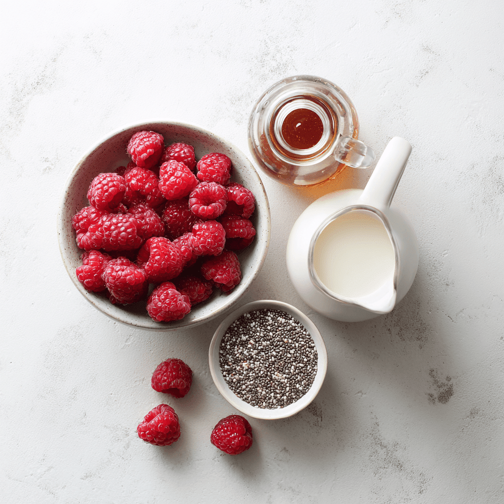 Ingredients for raspberry chia pudding including chia seeds and raspberries
