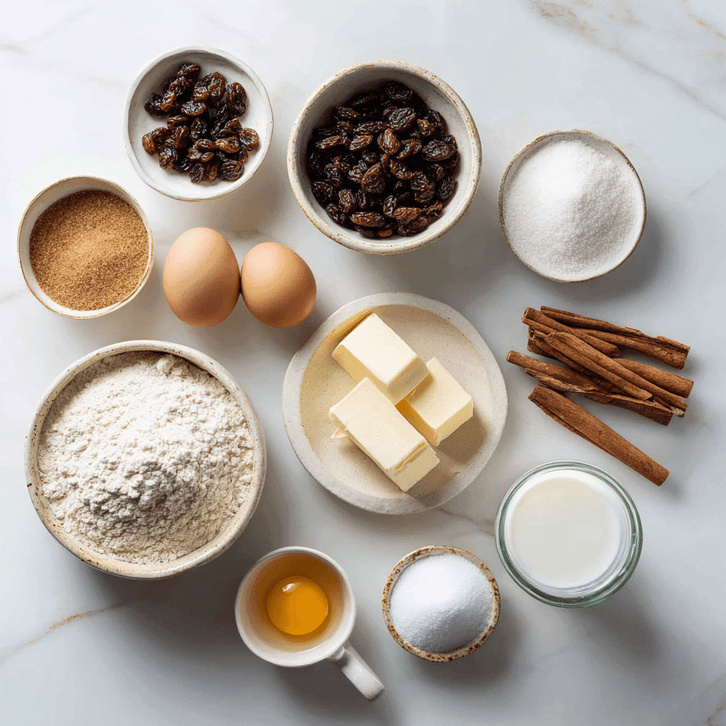 Ingredients for homemade cinnamon raisin bread on marble counter