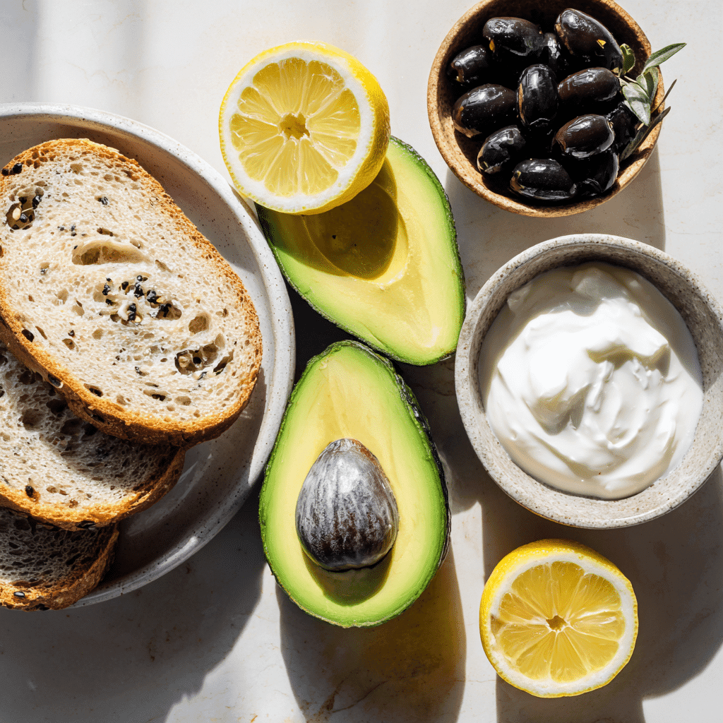 ingredients for spooky toast with avocado spiderwebs