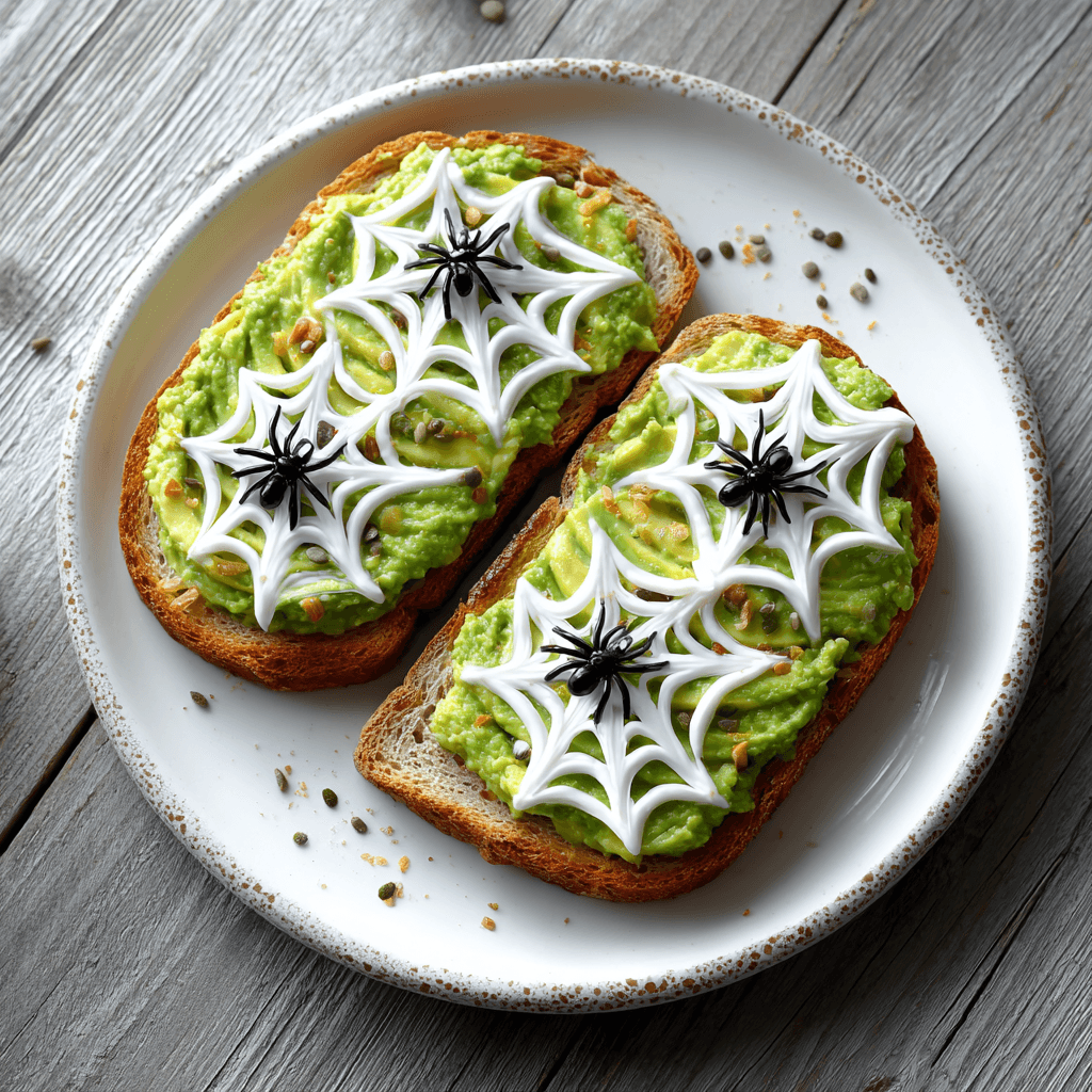 spooky toast with avocado spiderwebs on white plate
