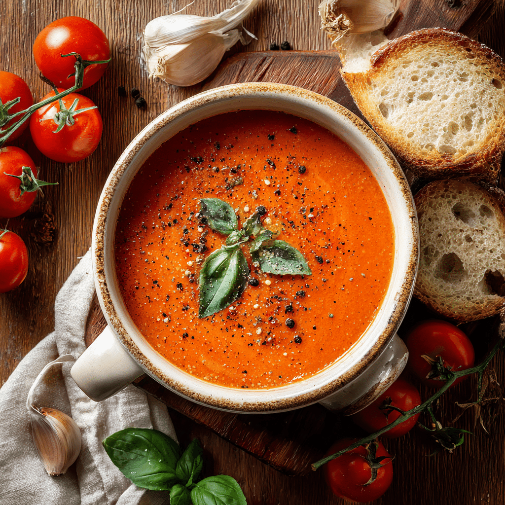 Creamy Roasted Garlic Tomato Soup in white bowl with bread