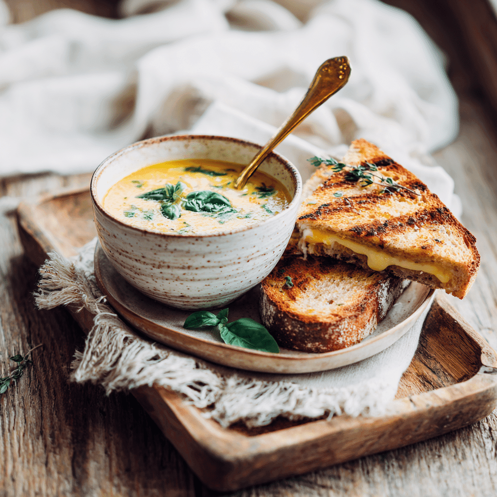 Bowl of creamy tomato soup served with bread