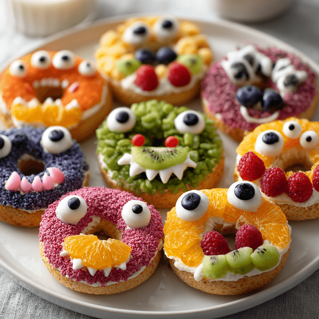 Monster Bagels with Cream Cheese Faces on a white plate for fall breakfast