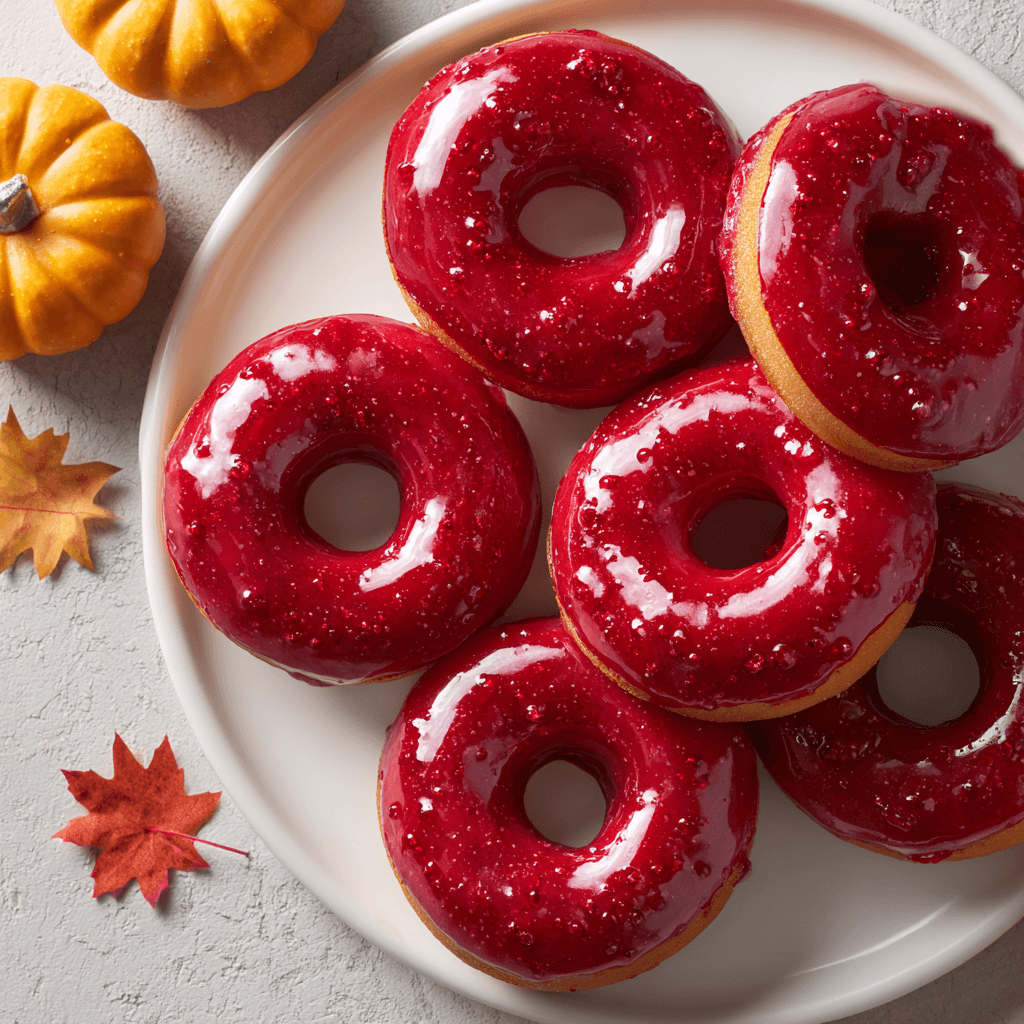 Vampire Bite Donuts with Raspberry Glaze on white plate