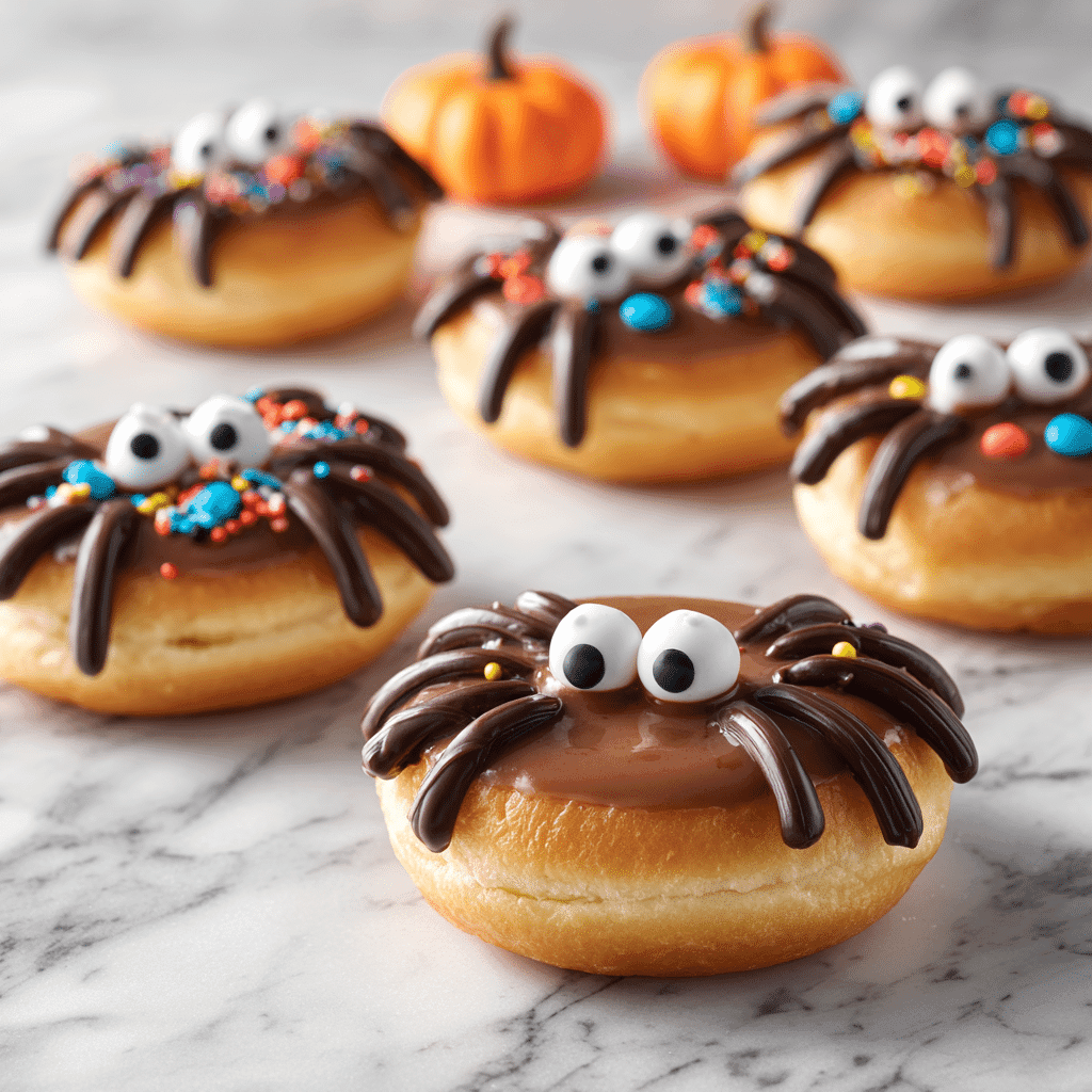 Spooky Spider Donuts close-up with chocolate legs and candy eyes on a white surface