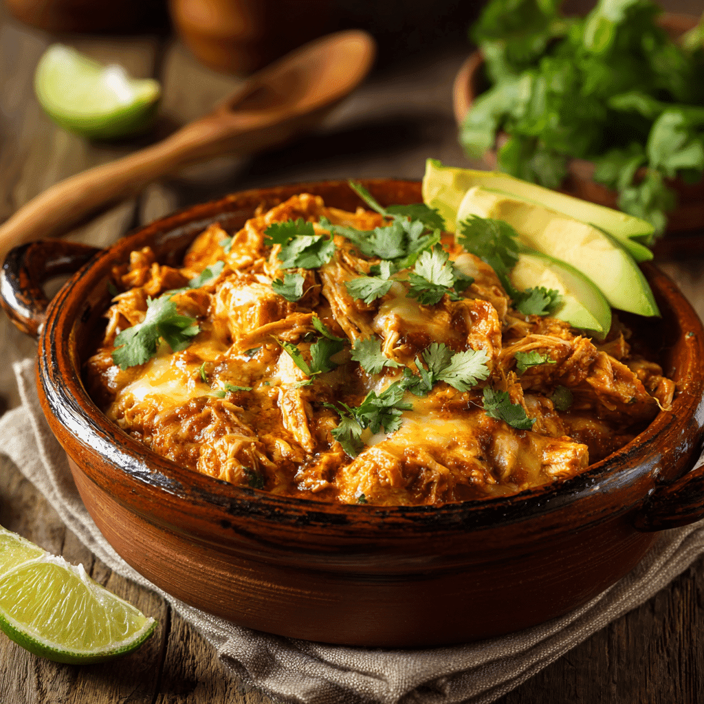Served Chicken Enchilada Crock Pot Meal with toppings in a rustic bowl