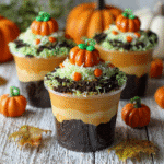 Pumpkin Patch Dirt Pudding Cups close-up with fall toppings
