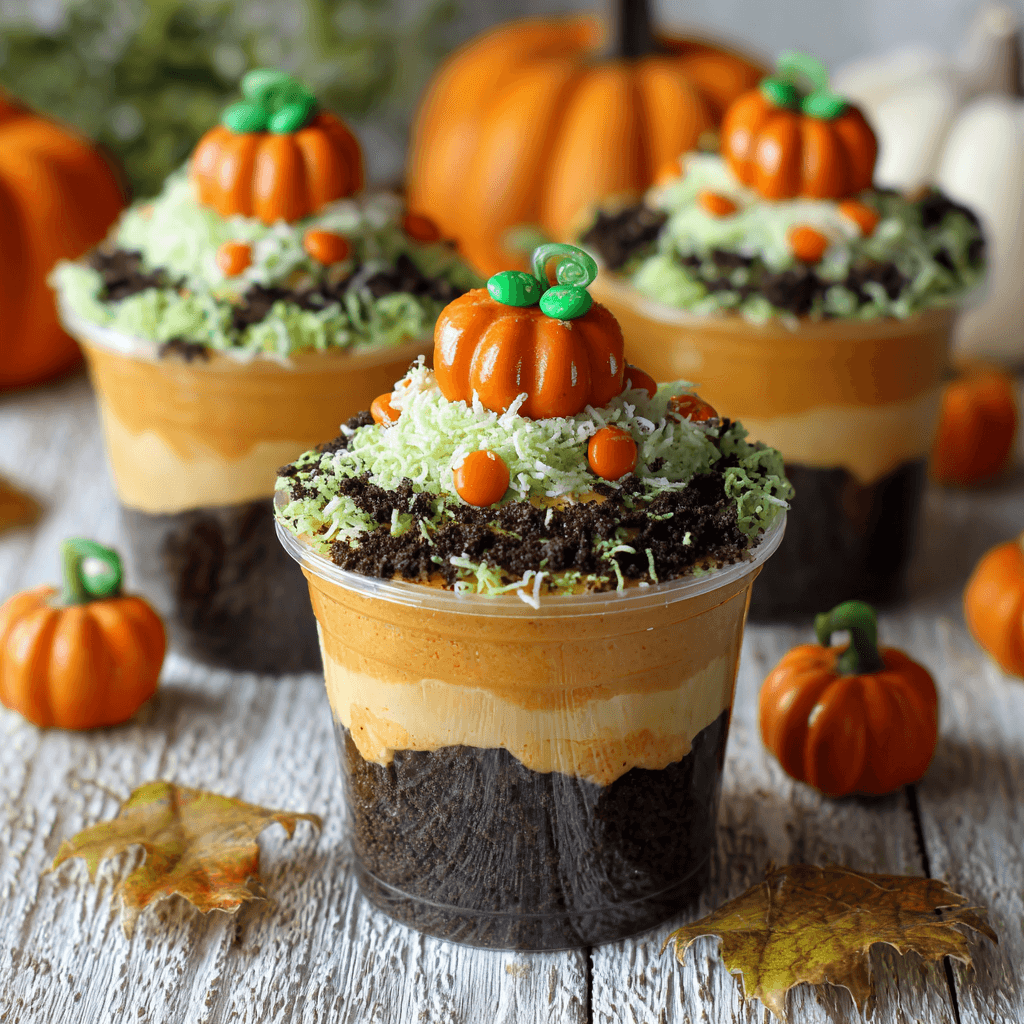 Pumpkin Patch Dirt Pudding Cups close-up with fall toppings
