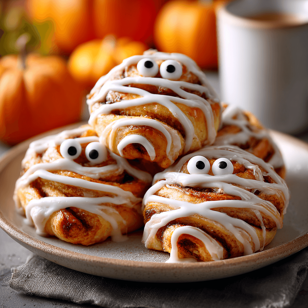 Pumpkin Spice Cinnamon Roll Mummies served on a plate
