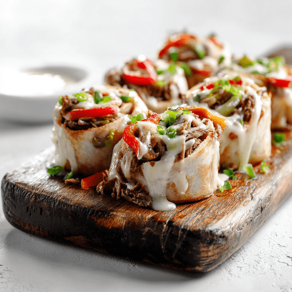 Keto Philly Cheesesteak Roll Ups on wooden board