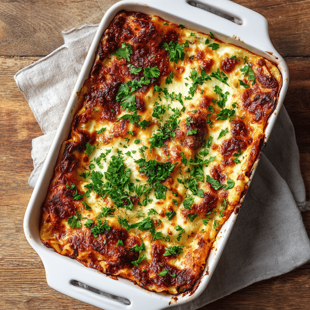 Vegetable lasagna in a white baking dish topped with melted cheese
