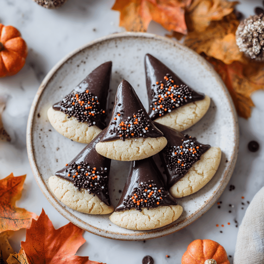 Witches’ Hat Cookies with Chocolate Kisses on white plate with Halloween decor