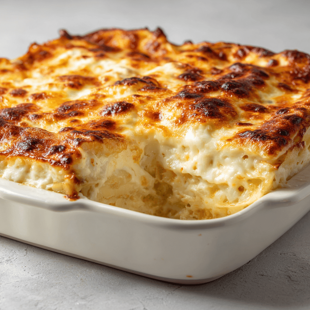 creamy white lasagna freshly baked in a casserole