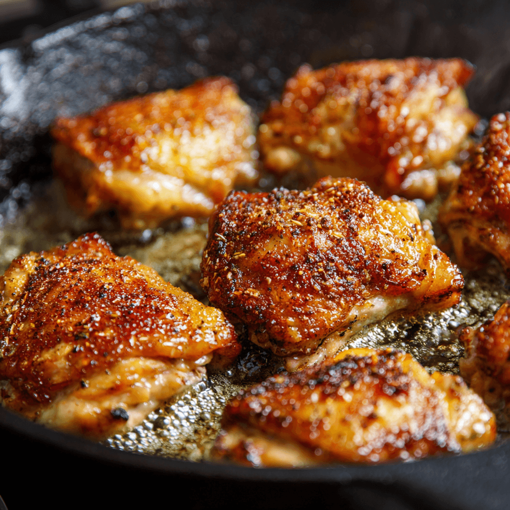 Chicken thighs searing in pan