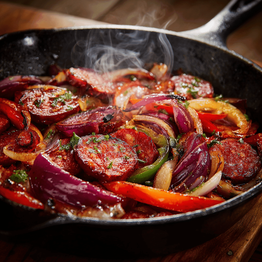 Chorizo and vegetables cooking together