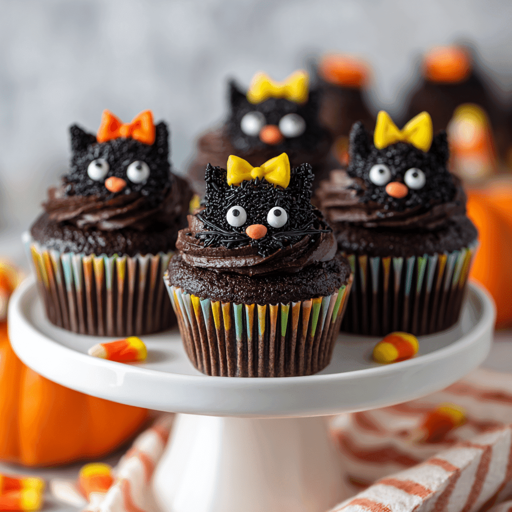 Black Cat Cupcakes with Oreo Ears ready to serve