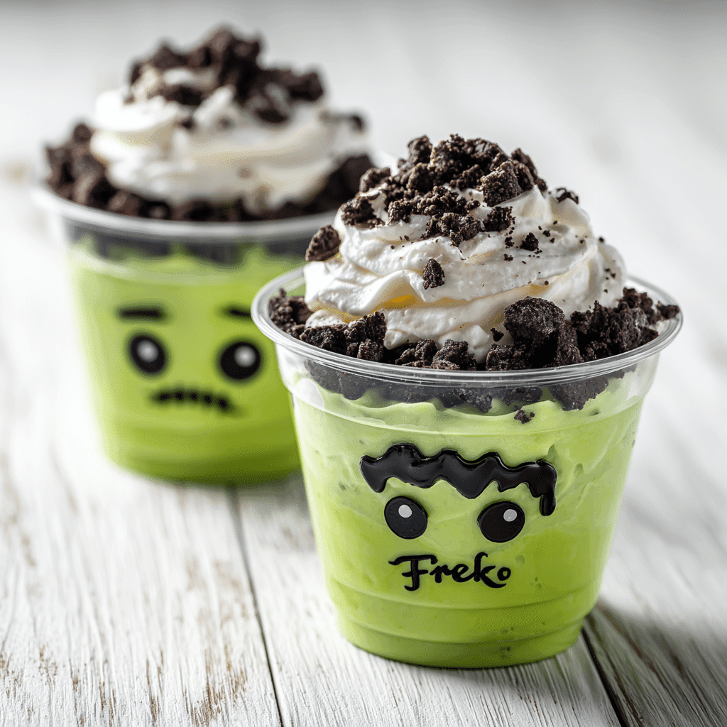 Frankenstein Guacamole Dip Cups in clear layered cups