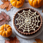 Spiderweb Chocolate Tart with white chocolate web on marble background