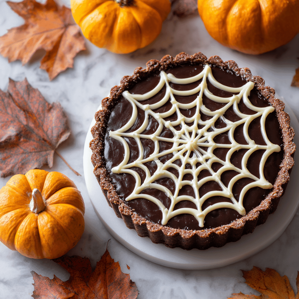 Spiderweb Chocolate Tart with white chocolate web on marble background