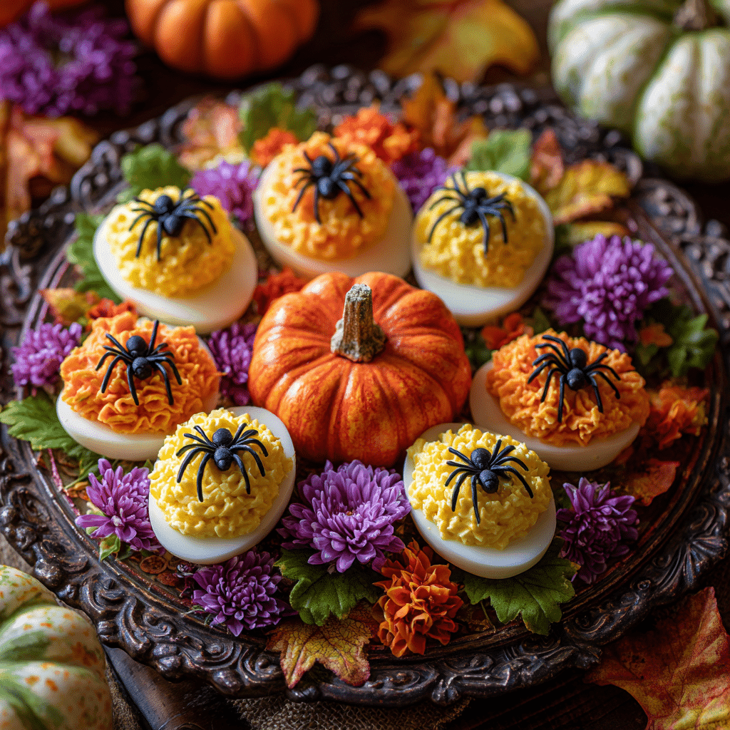 Spooky Spider Deviled Eggs served on festive Halloween platter