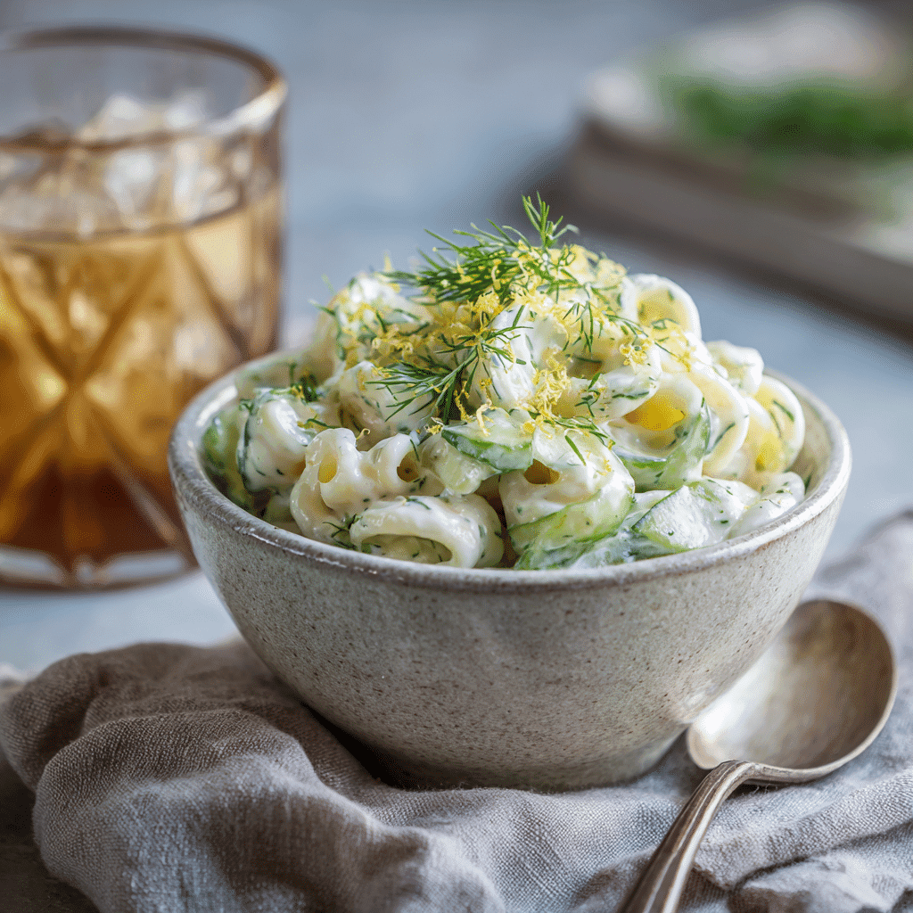 Served portion of cucumber pasta salad in a bowl