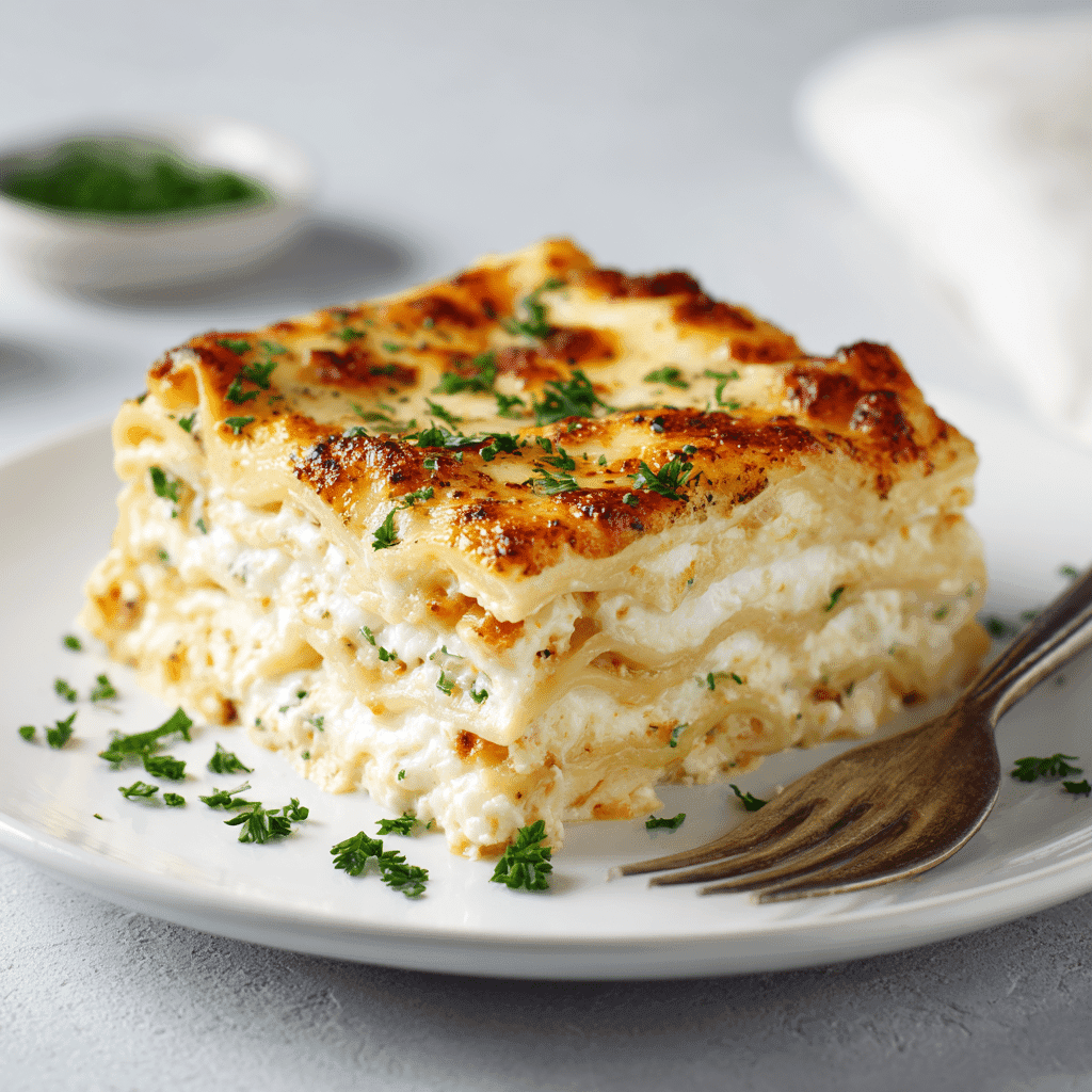 serving of white lasagna on a white plate