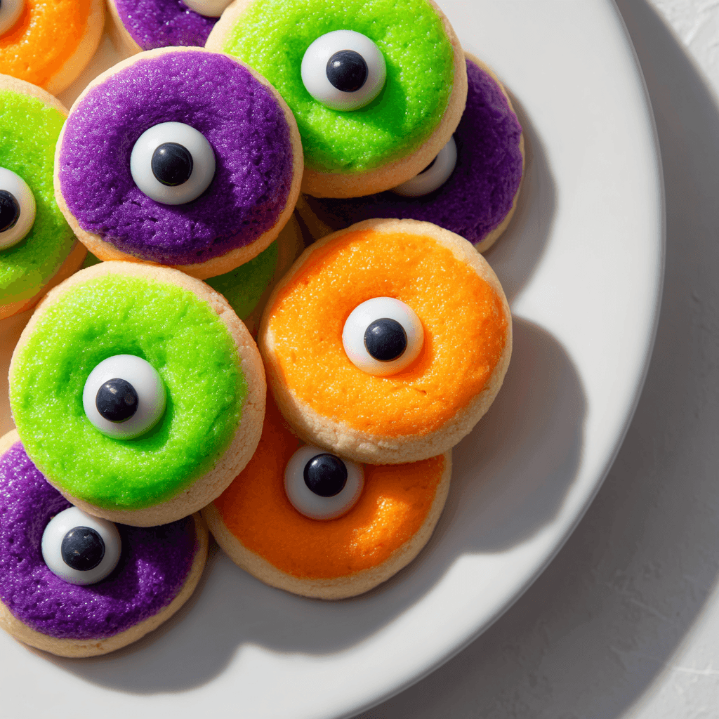 Monster Eye Thumbprint Cookies with Candy Centers on white plate