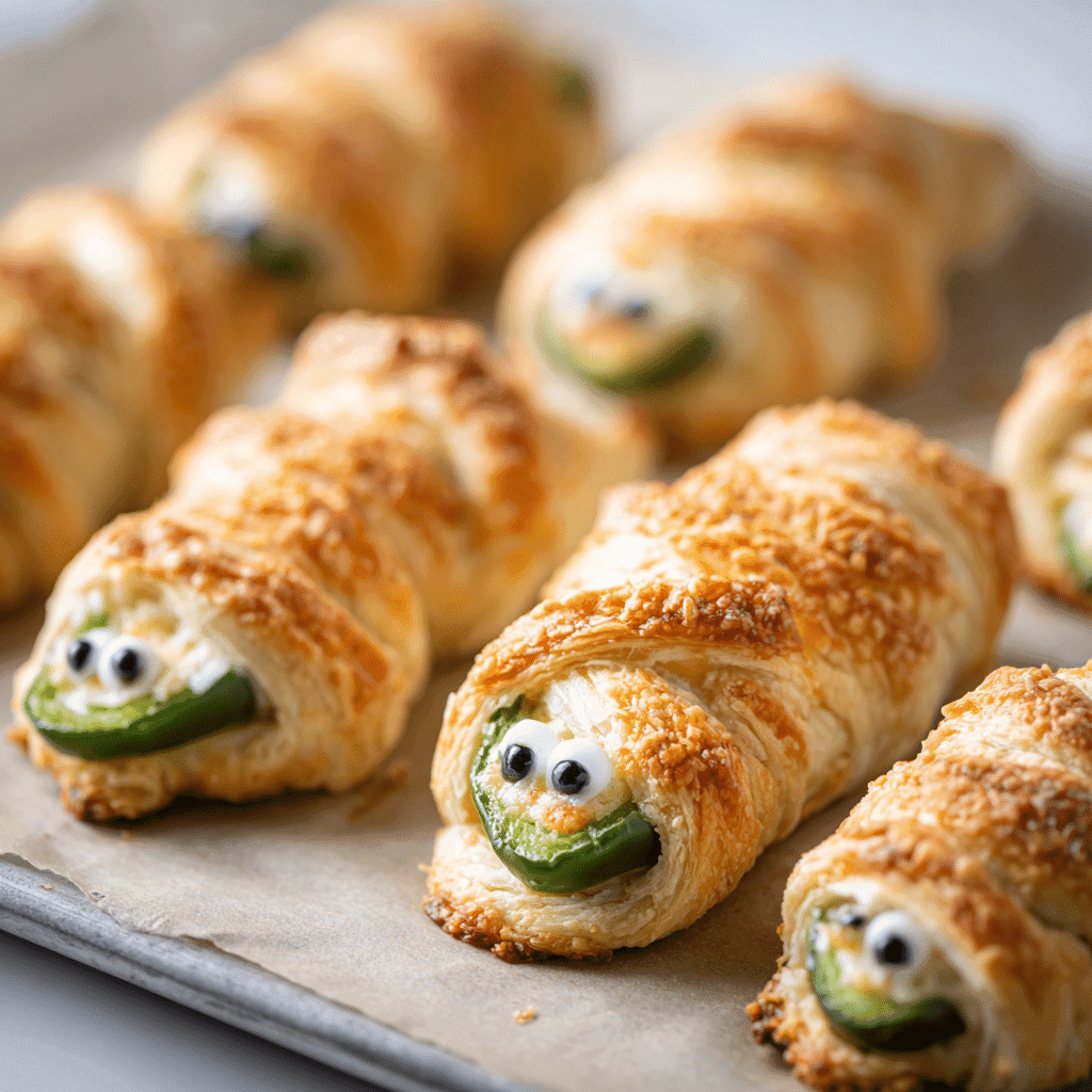 Jalapeño Popper Mummies arranged on baking tray