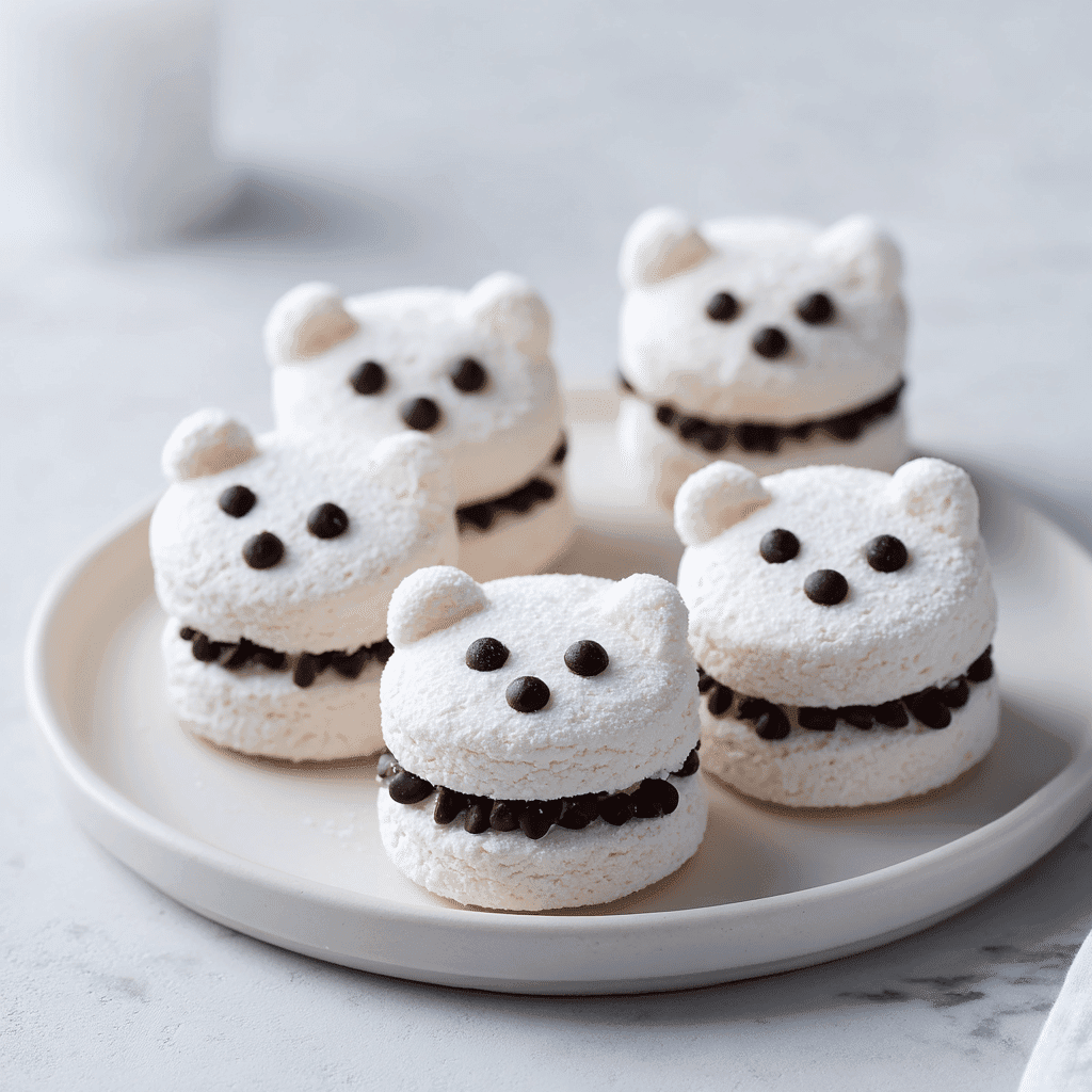 Ghostly Marshmallow Sandwich Cookies close-up on white plate