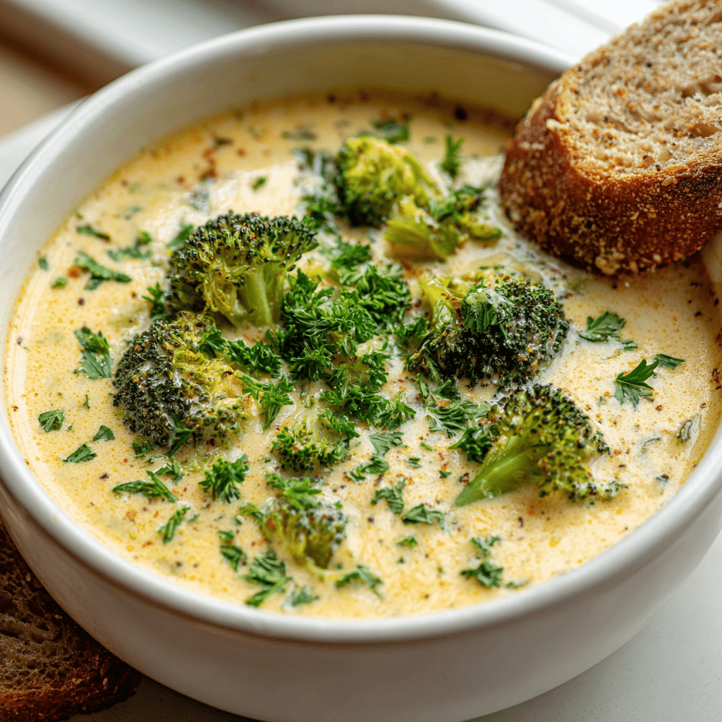 Served bowl of High Protein Broccoli Cheddar Soup with garnish and bread
