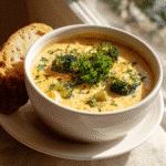 High Protein Broccoli Cheddar Soup in rustic bowl with cozy fall lighting