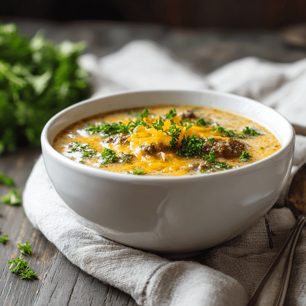 creamy hamburger potato soup in white bowl with cheese and parsley