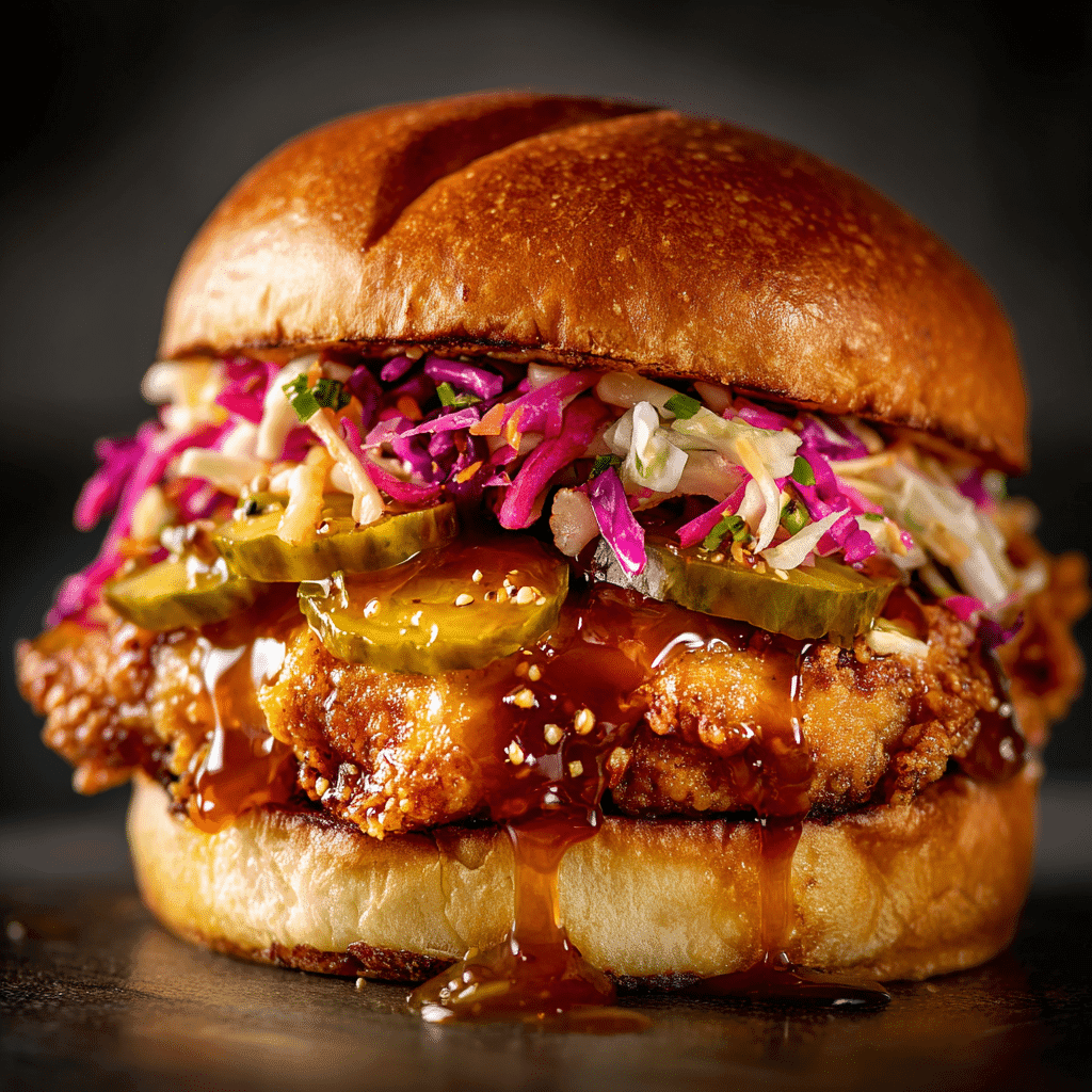 Hot honey chicken sandwich on toasted brioche bun