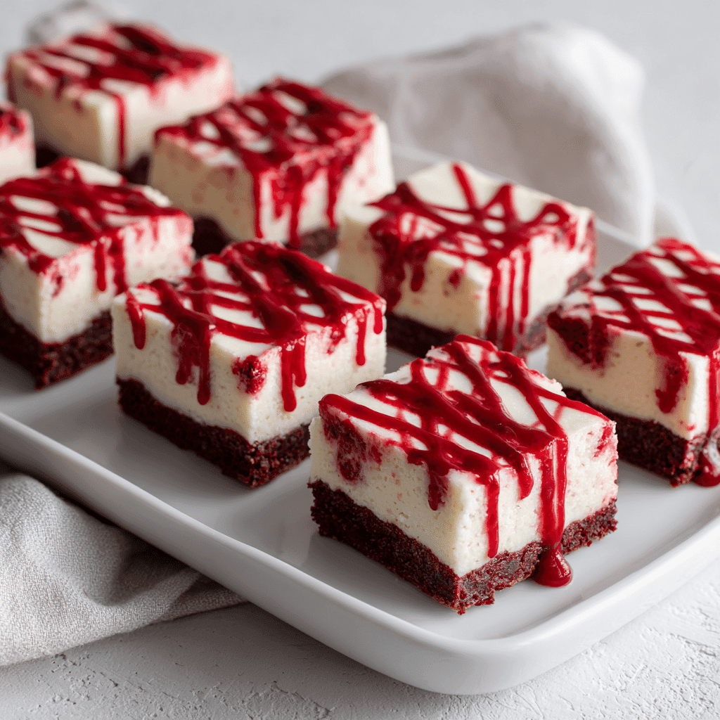 Bloody Red Velvet Cheesecake Bars served with raspberry drizzle