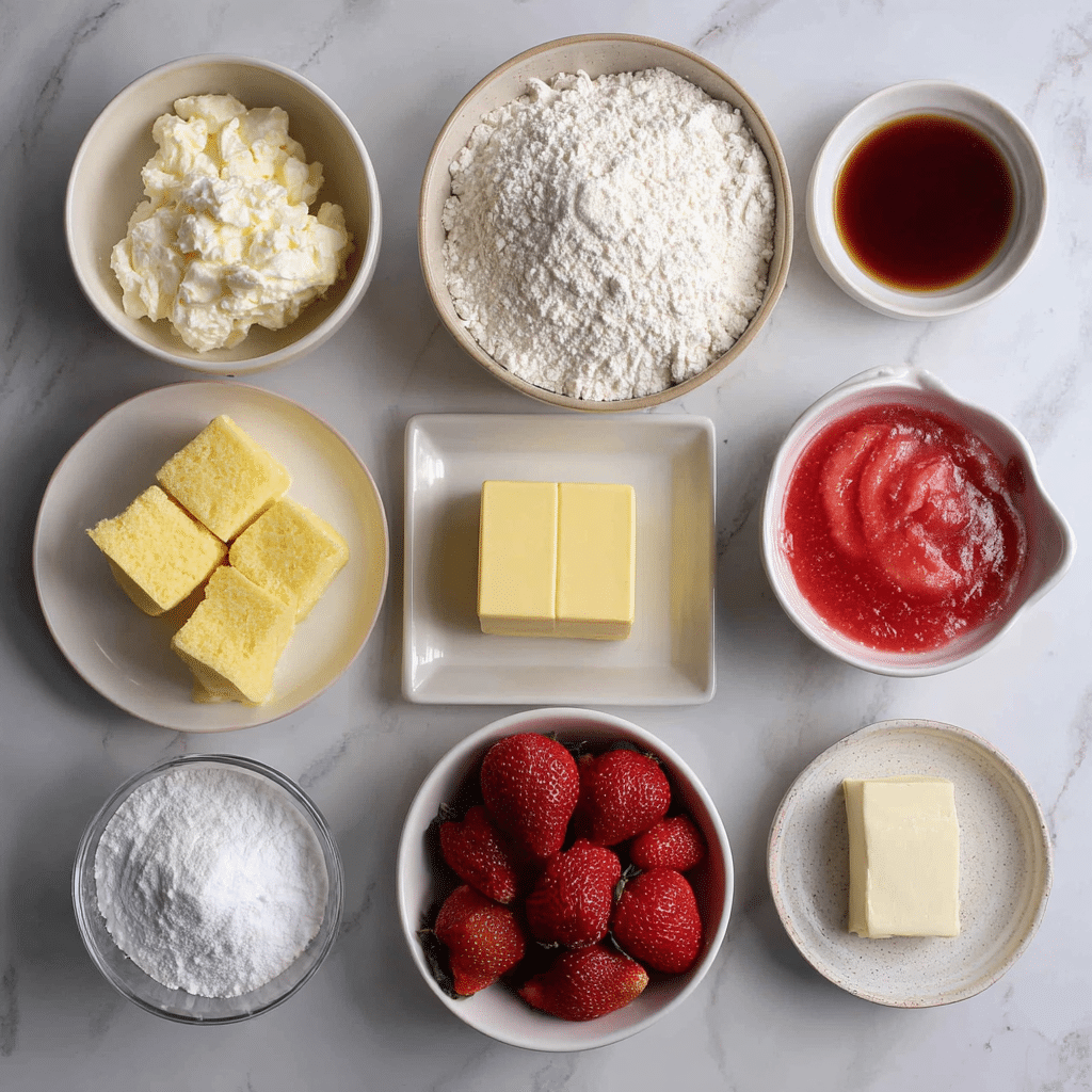 Ingredients for Ultimate Strawberry Cheesecake Dump Cake on kitchen counter