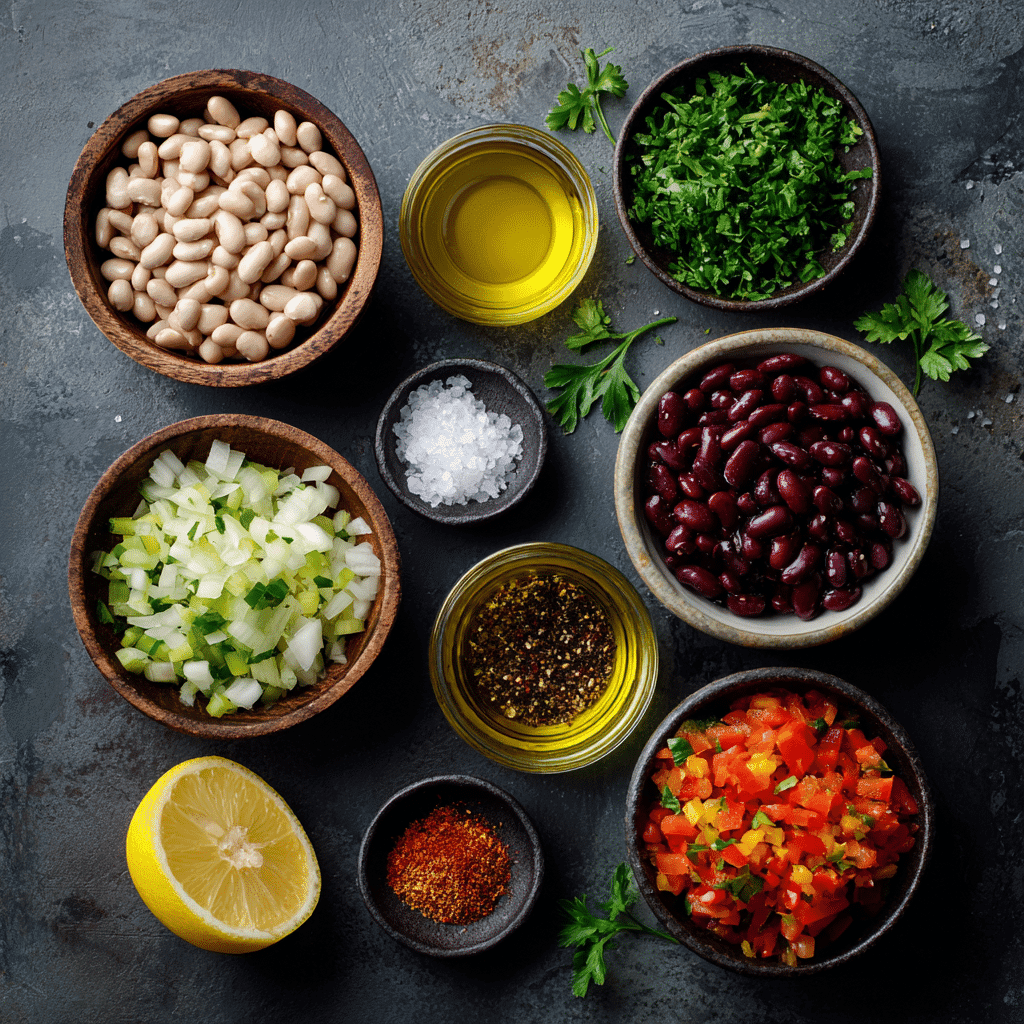 Ingredients for dense bean salad recipe laid out on counter