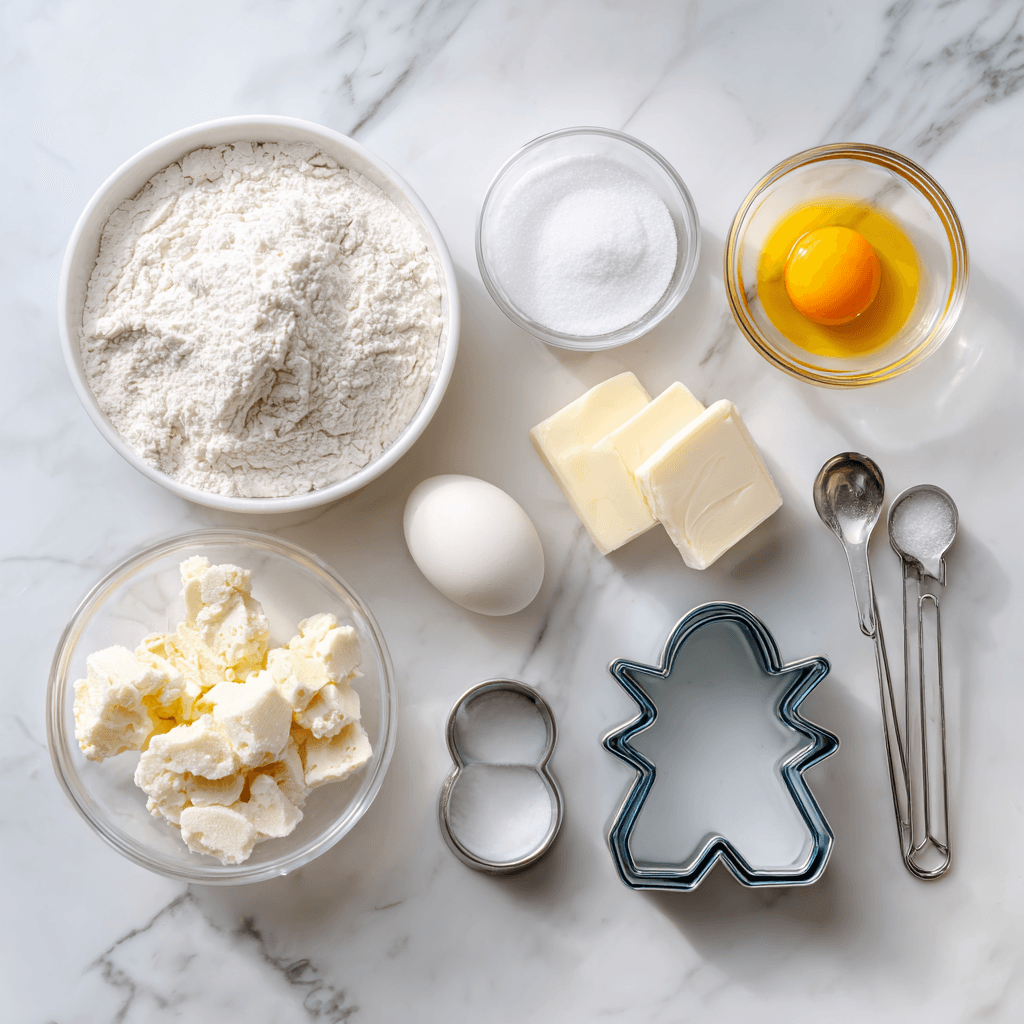 Ingredients for ghost sugar cookies with royal icing on marble surface