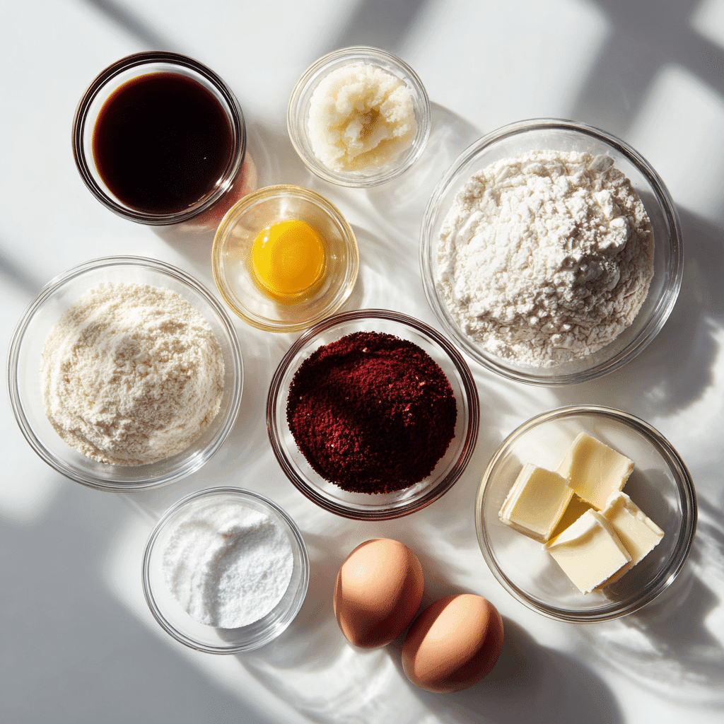 Ingredients for Vampire Bite Red Velvet Cupcakes