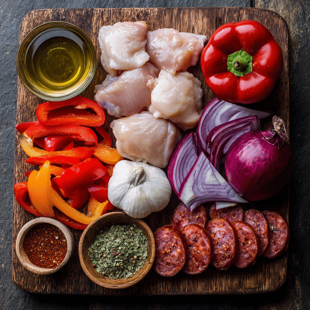 Ingredients for one pan chicken and chorizo