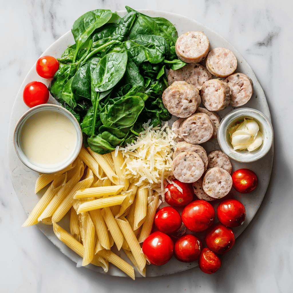 Flat lay of chicken sausage pasta ingredients on white surface
