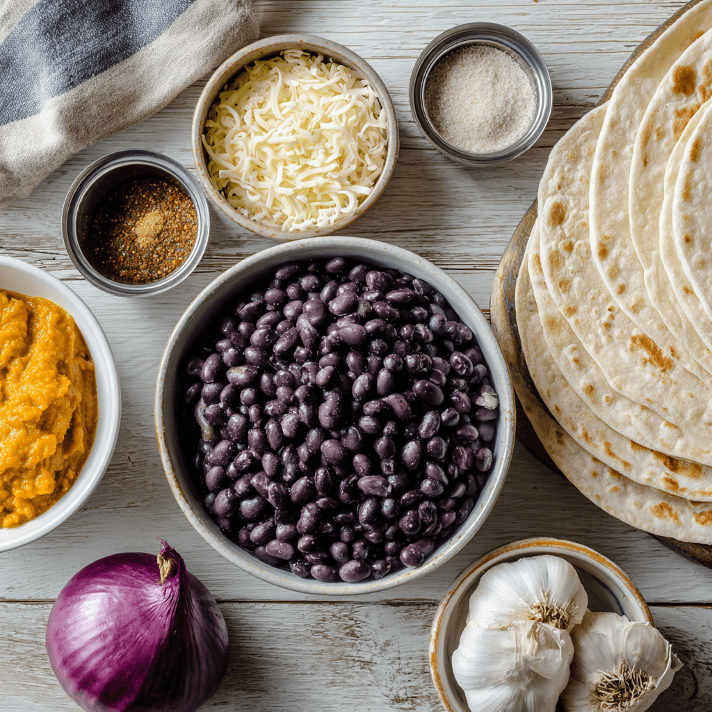 Ingredients for black bean pumpkin quesadillas on wooden surface
