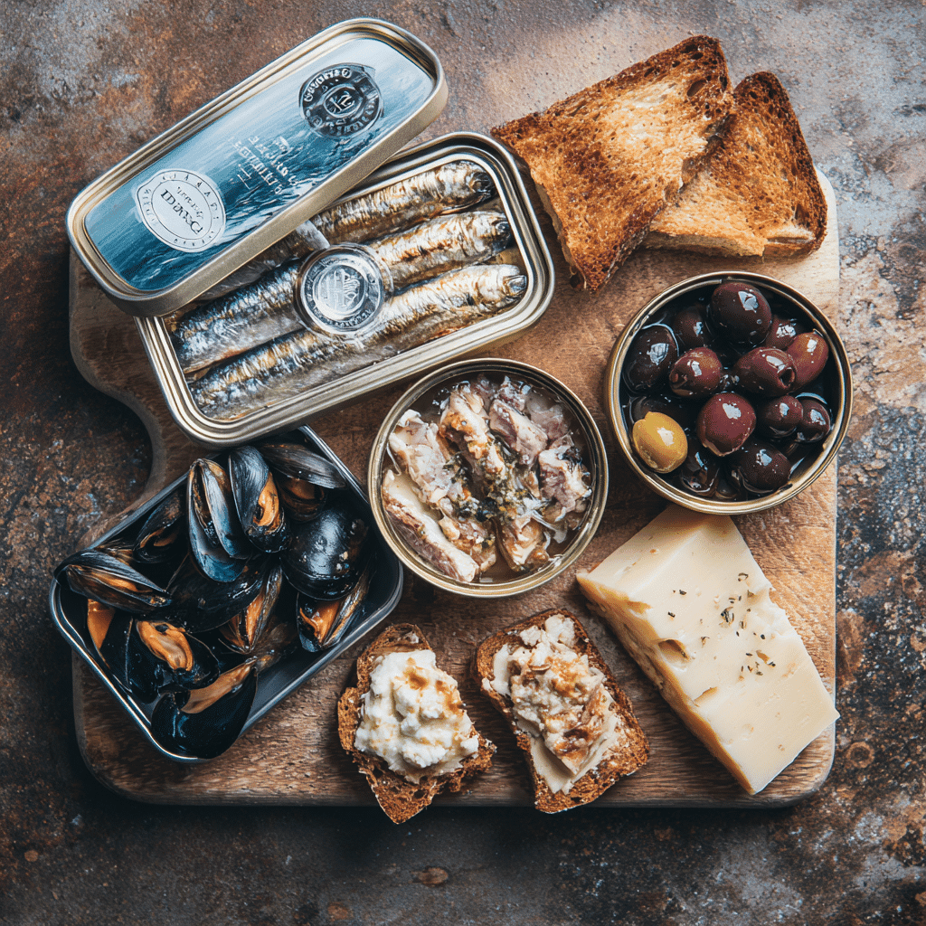 Ingredients for Tin Fish Date Night laid out on board