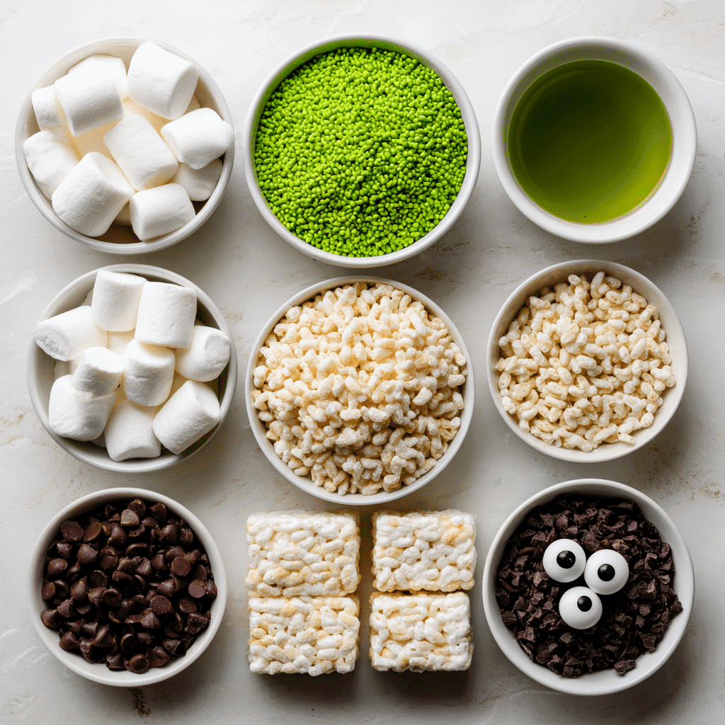 Bright flat lay of ingredients for Frankenstein Rice Krispie Treats