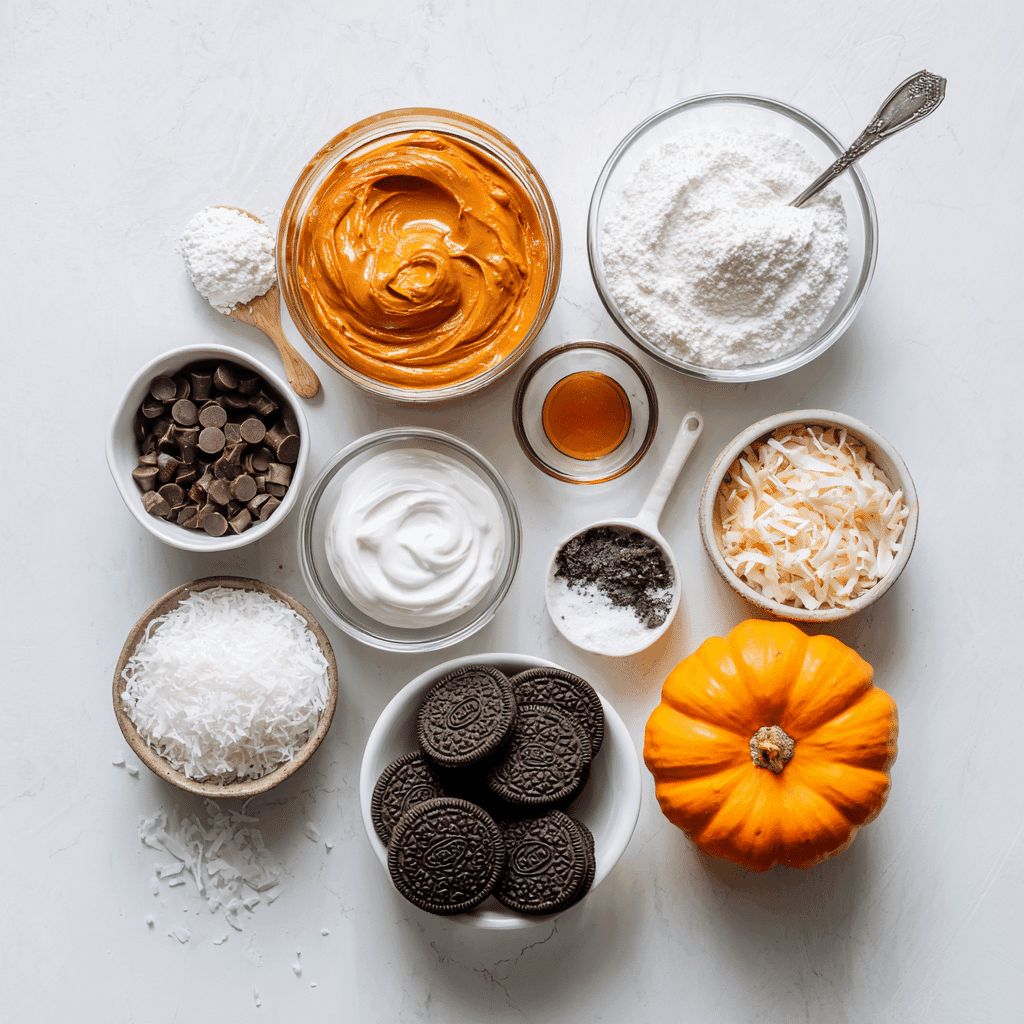 Ingredients laid out for Pumpkin Patch Dirt Pudding Cups