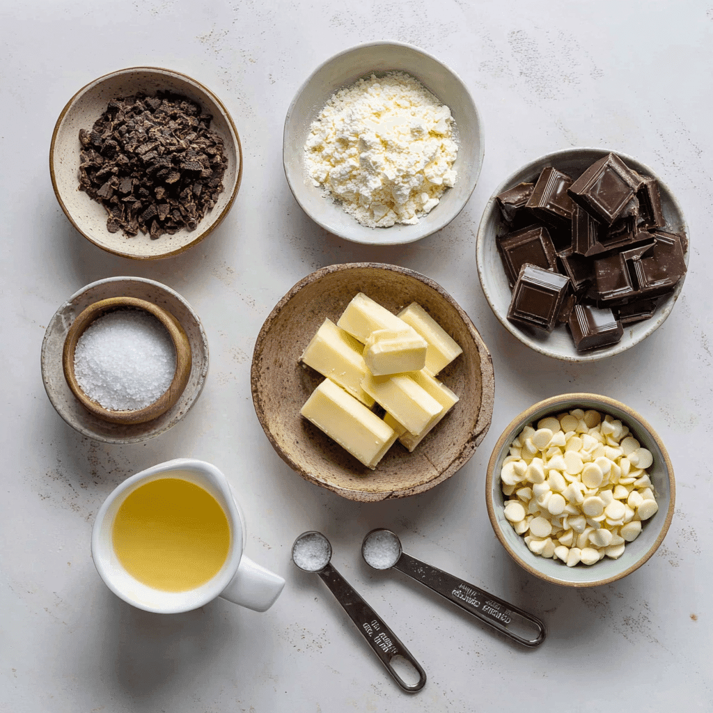 Ingredients for Spiderweb Chocolate Tart laid out in bowls